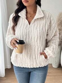 SHEIN Frenchy Plus Size Reversible Coral Fleece Sweatshirt, Autumn/Winter Fall - Apricot - View 7