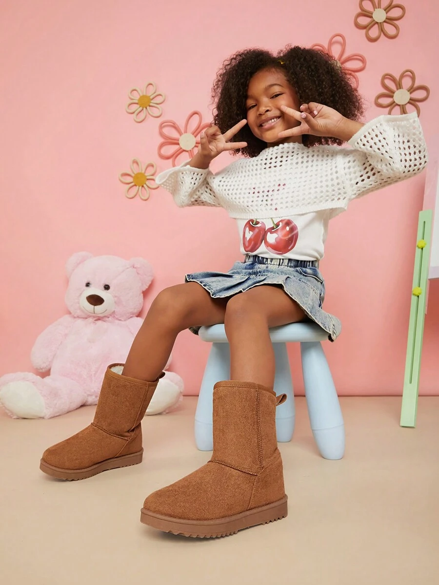 Mini mi 畅销儿童经典栗色中筒短款雪地靴 - 舒适防滑保暖套穿冬靴