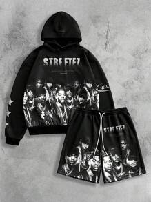 Manfinity VCAY Men's Loose Fit Hooded Sweatshirt Set, For Fall Winter - Black and White - View 1