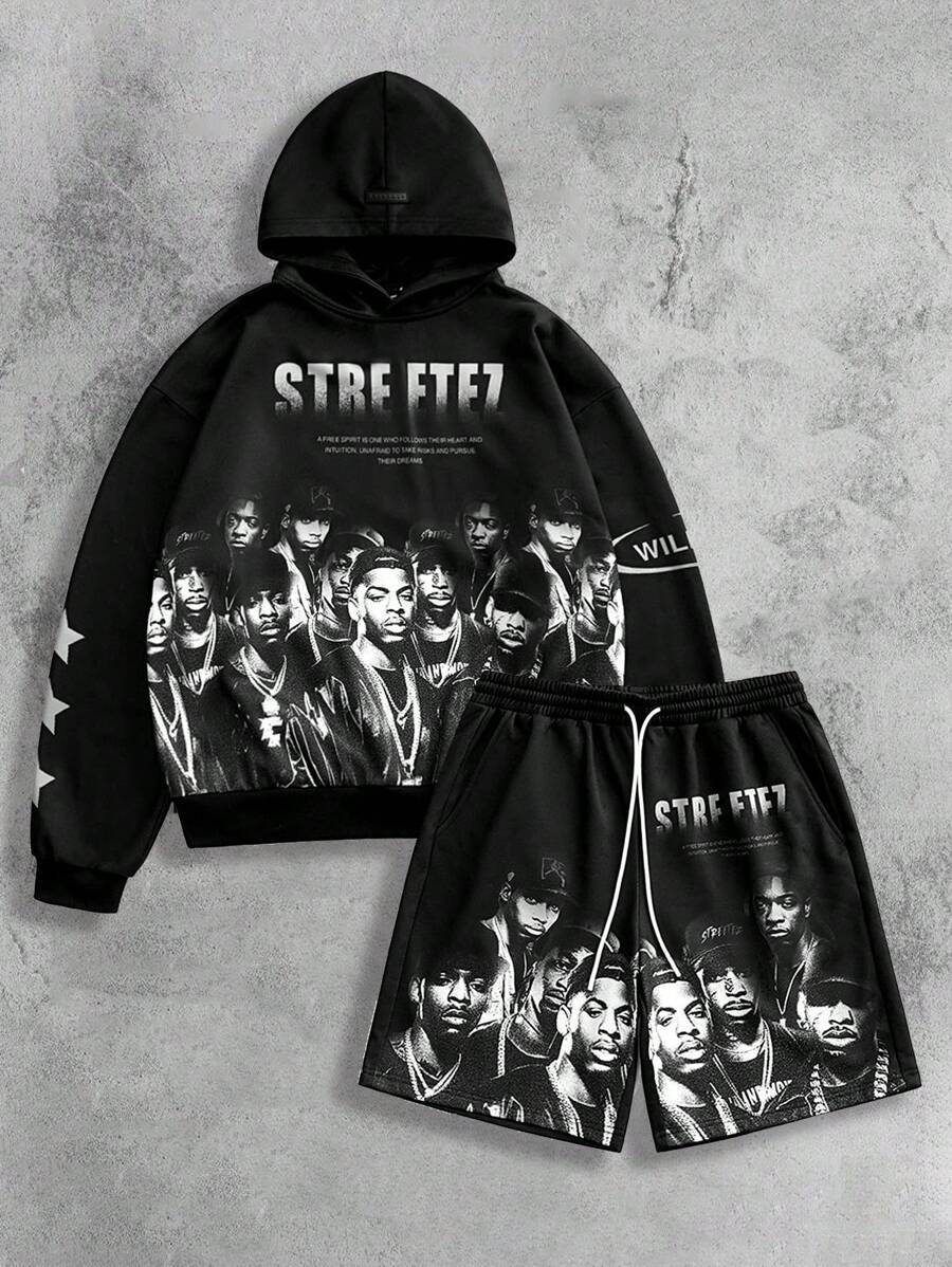 Manfinity VCAY Men's Loose Fit Hooded Sweatshirt Set, For Fall Winter - Black and White - View 1