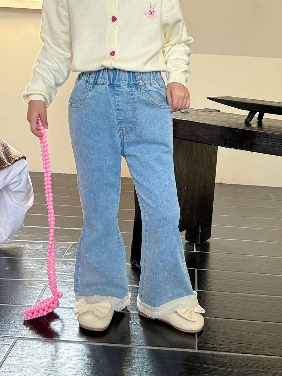 SHEIN Young Girl Patchwork Denim Flare Pants With Pockets And Frill Trim - Blue - View 1