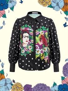 Frida Kahlo X SHEIN Plus Size Modieuze Polka Dot Puff Sleeve Bloemenprint Blouse, Geschikt Voor Woon-werkverkeer En Vakantie, Zwart