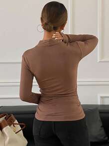 DAZY Fall Casual Solid Color Ruched Long Sleeve Tee - Brown - View 2