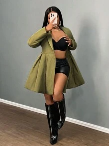 Slaydiva Áo khoác nữ cổ chữ V, dây đeo kiểu chữ A, eo xòe, giản dị và thanh lịch cho mùa thu đông - AA - xanh quân đội - Xem 5