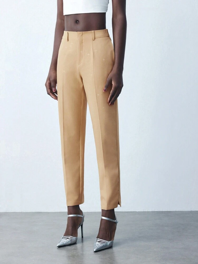 SHEIN Maija Women Khaki Solid Color Crystal Embellished Shiny Pocket Pants Trousers, Casual Office Wear