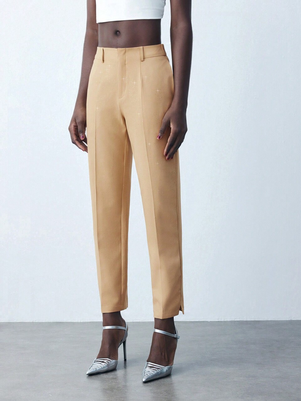 SHEIN Maija Women Khaki Solid Color Crystal Embellished Shiny Pocket Pants Trousers, Casual Office Wear