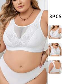 3pcs/Set Wireless Plus Size Lace Bras, Lingerie - White - View 1