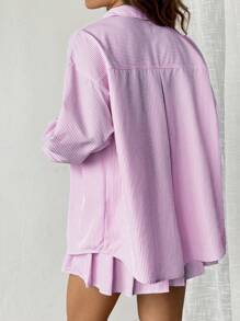 Comfortcana Striped Print  Drop Shoulder Shirt & Pleated Skirt Without Cami Top