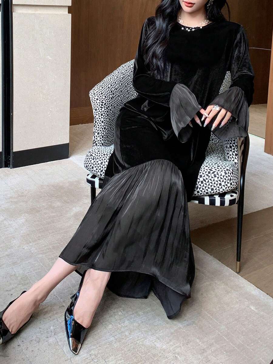 FRIFUL Women Plain Color Block Round Neck Long Sleeve Simple MidLength