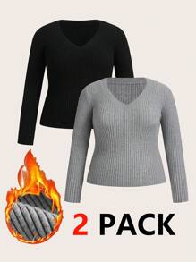 SHEIN Essnce Plus Size Women's 2 Packs Pullover Sweater,Pink And Grey, Smart Casual,Everyday Elegant Slim Fit Work Top Fall/Winter Commuting Bottoming Shirt - Multicolor - View 1