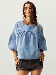 Bohemela Loose Fit Green Women's Vacation Puff Sleeve Shirt