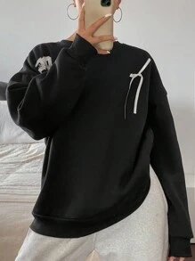 DAZY Sudadera holgada con cuello en V, mangas largas, estampado numérico y bloques de color con lazo para mujer, ropa de mujer para otoño - Negro - Ver 8