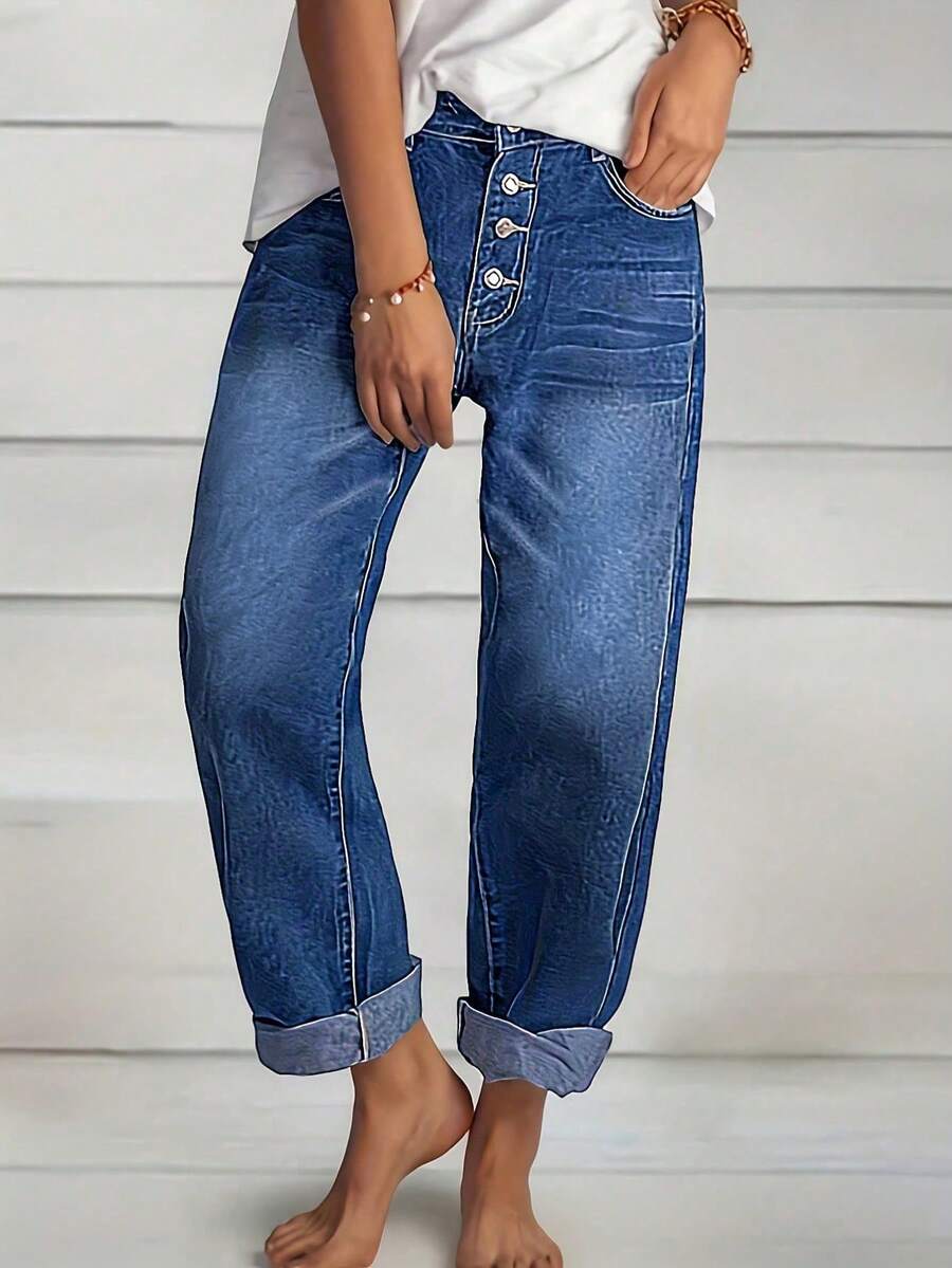Women's Casual Washed Single-Breasted Denim Jeans