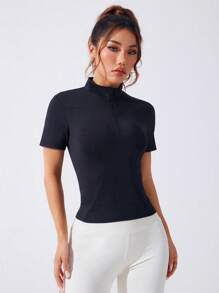 SHEIN Sport Studio Camisa tipo polo deportiva de mujer con media cartera con cremallera y manga corta de unicolor