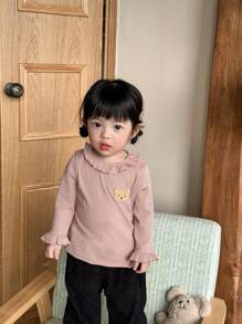 SHEIN 3 pièces Ensemble de hauts à manches longues avec col montant et broderie, style décontracté pour nouveau-nés et bébés filles, printemps automne