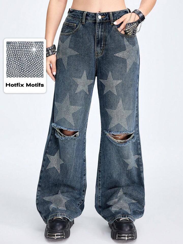 Our Grunge Punk Casual Star Rhinestone Distressed Wide Leg Women