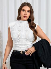 SHEIN Clasi 弧形大码休闲白色纯色纹理背心保暖 - 白色 - 查看 2