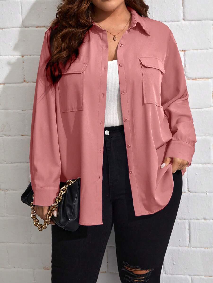 SHEIN Essnce Plus Size Women's Solid Color Simple Daily Long Sleeve Shirt - Coral Pink - View 1