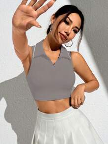 SHEIN Sports Áo thun thể thao không tay màu trơn đơn giản & áo ba lỗ, trang phục thường ngày - Xám - Xem 6