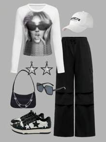 SHEIN Explorewe 2pcs Teenage Girls Casual Graphic Cropped Sweatshirt And Wide-Leg Pants Set - Black and White - View 13