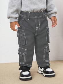 SHEIN Baby Boy Cool Multiple Pockets And Contrast Stitching Denim Jeans,Versatile For Outdoor Wear - Dark Grey - View 5