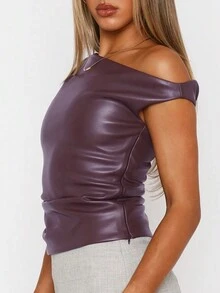 Women's Solid Color Asymmetric Neck Pleated Fitted Leather Blouse - Burgundy - View 6