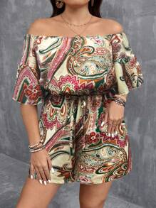 Breezaya Plus Size Ladies' Vintage Style Printed Off-Shoulder Jumpsuit