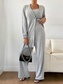 SHEIN Privé 3pcs Women Autumn Casual Ribbed Button Loose Cardigan, Square Neck Vest And High Waist Flare Leg Pants Set - Grey - View 1