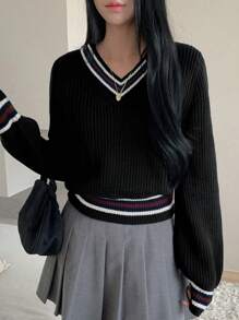 DAZY V-Neck Casual Contrast Color Striped Women Long Sleeve Sweater,Long Sleeve Tops,Fall Clothes