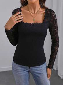 EMERY ROSE Women's Simple Solid Lace Patchwork Crew Neck Long Sleeve Casual T-Shirt Fall Cloth For Women - Black - View 5