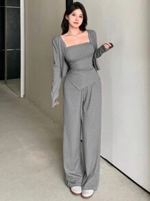 DAZY 3 件套女士纯色开衫、直筒休闲裤秋冬 - 灰色 - 查看 5