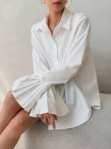 EastFlair Camisa blanca con puños con volantes al estilo coreano para mujer
