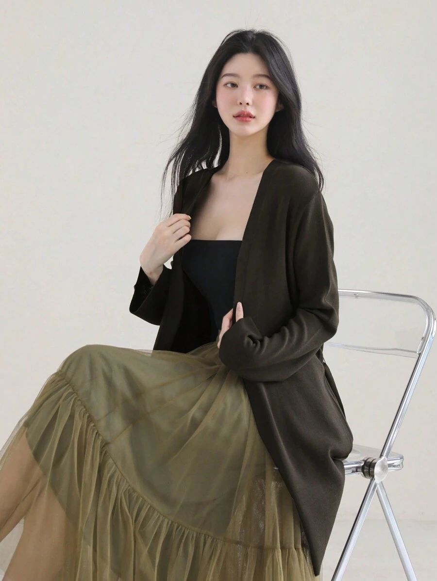 Cárdigan de punto de corte relajado con cierre de lazo, de unicolor y estilo casual para mujer - Marrón - Ver 1