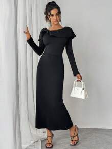 Chiquease فستان أنيق بأكمام طويلة وياقة دائرية ذو موحد اللون - الأسود - مشاهدة 5