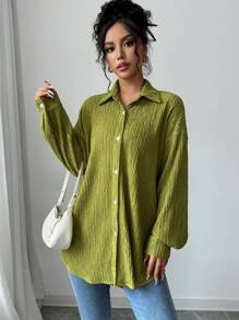 Chiquease Áo sơ mi dài tay họa tiết trơn màu mùa thu cho nữ - màu xanh lá - Xem 5