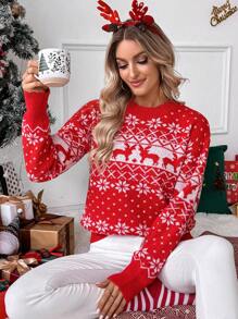 EMERY ROSE Suéter de punto con hombros caídos con estampado de renos y copos de nieve para Navidad y Año Nuevo, jersey de punto de otoño e invierno - Rojo - Ver 2