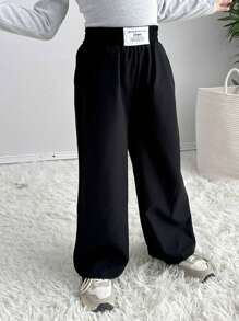 SHEIN Pantalones rectos de pierna ancha de unicolor con parche de letra, informal, a juego para madre e hija, estilo preppy, excelente para uso casual, diario y escolar en verano y otoño-invierno
