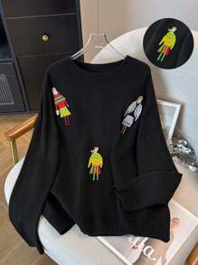 SHEIN LUNE Plus Size Round Neck Long Sleeve Person Graphic Minimalist Casual Pullover Sweater Knit Pullover Fall Winter - Black - View 1
