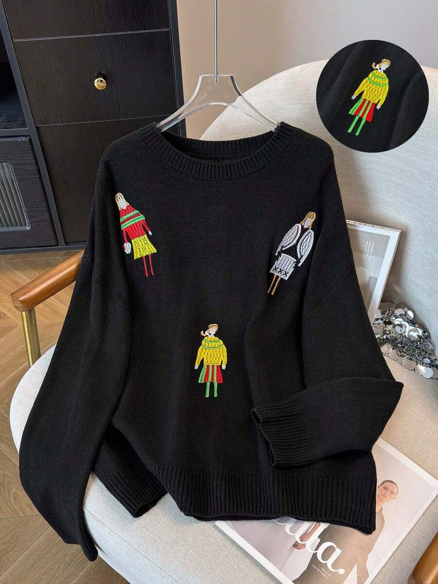 SHEIN LUNE Plus Size Round Neck Long Sleeve Person Graphic Minimalist Casual Pullover Sweater Knit Pullover Fall Winter - Black - View 1