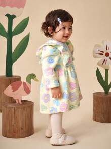 SHEIN 女宝宝时尚珊瑚绒长袖卡通花卉印花连衣裙，秋冬 - 黃色 - 查看 5