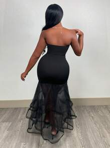 Slaydiva Váy xếp nếp lưới đen chắp vá cho nữ - màu đen - Xem 2