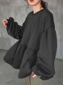 FRIFUL Damska luźna, swobodna, plisowana koszulka T-shirt, jesień/zima