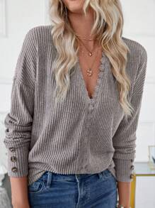 SHEIN LUNE Women's Fashion V-Neck Long Sleeve Lace Ribbed Knit Pullover Sweatshirt