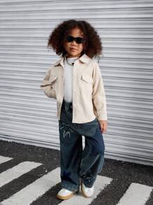 SHEIN Explorewe Áo khoác sơ mi vải nhung màu hoa mai có túi nắp cho bé gái, đơn giản và thanh lịch, thích hợp làm áo khoác ngoài nhẹ nhàng Xuân/Hè, lý tưởng cho những dịp thường ngày, du lịch ngoài trời, hoạt động ngoài trời, thích hợp cho mùa Xuân/Thu - Nhiều màu - Xem 5