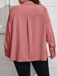 SHEIN Essnce Plus Size Women's Solid Color Simple Daily Long Sleeve Shirt - Coral Pink - View 2