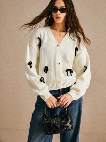 Poéselle White Bow Sweater Cardigan,Casual Bow Decor Knitted Cardigan, Fall Women Clothes,Winter Women Clothes,Black Stereoscopic Bow Decorated Cardigan Sweater,Warm And Comfortable, Suitable For Daily Street, Commute, Holiday, Home Wear FW24