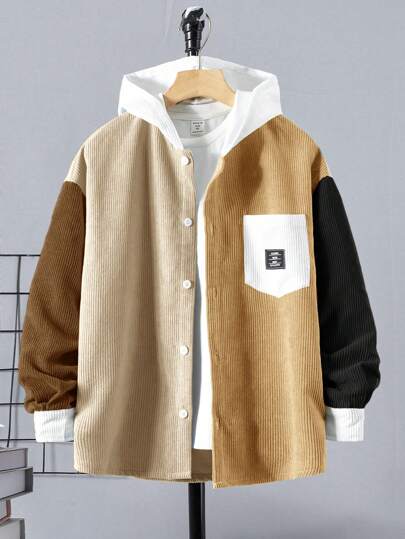 SHEIN Camisa tejida con capucha, gráfico de letra y contraste de color casual para niño preadolescente, chaquetas universitarias lisas, camisas abotonadas, camisas de múltiples colores para invierno, otoño, tops blancos, tops negros