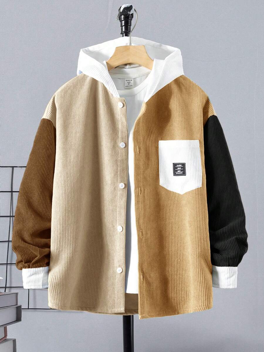 SHEIN 青少年男童休闲字母图案撞色连帽梭织衬衫,纯色棒球夹克,纽扣上衣,多种颜色可选,适合冬季、秋季穿着,白色上衣,黑色上衣 - 棕色 - 查看 1