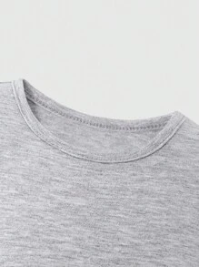 SHEIN 2 件套女婴街头装简约休闲柔软针织圆领长袖上衣和荷叶边腰阔腿裤套装，适合外出、休闲和运动 - 淺灰色 - 查看 4