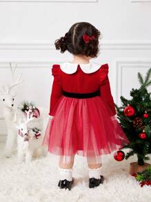 SHEIN Đầm công chúa Giáng sinh dễ thương cho bé gái, cổ xếp nếp lưới màu đỏ tương phản, tay dài, thắt lưng, mùa thu/đông - Đỏ - Xem 2